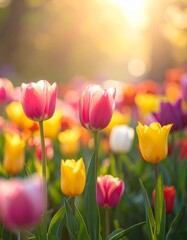 Fototapeta premium Vibrant Tulip Garden in Full Bloom Under the Warm Sunlight, a Colorful Springtime Display.