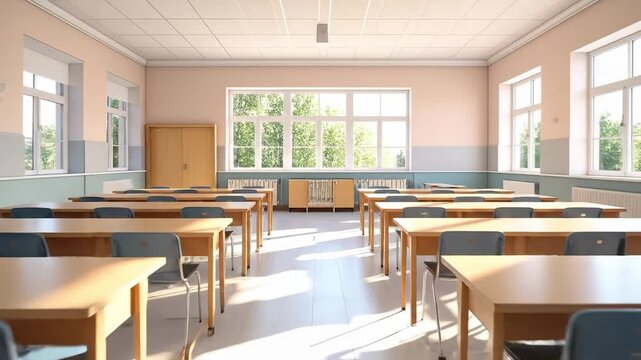 Bright and spacious classroom interior with rows of desks and chairs, ready for students.