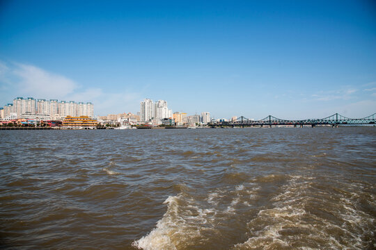 Dandong Yalu River Cityscape with Bridge, Liaoning Province China