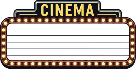 A cinema marquee sign illuminated with bright lights and a blank movie title display © Jakmania