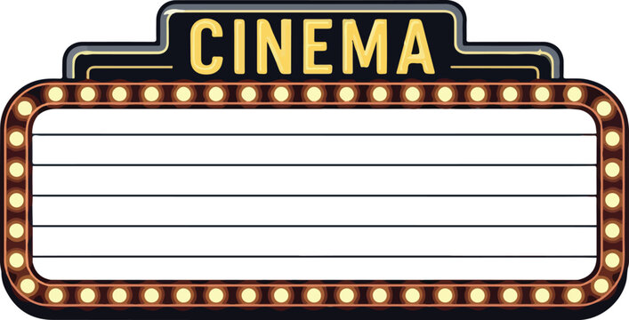 A cinema marquee sign illuminated with bright lights and a blank movie title display