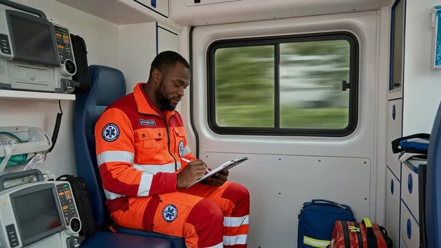 Emergency medical technician in ambulance writing patient report during emergency response