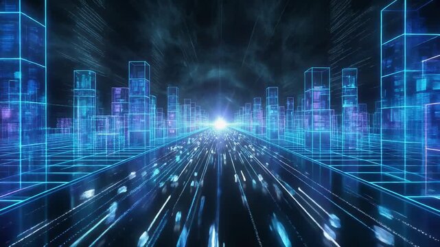 Futuristic digital cityscape with glowing neon grid and data flow in blue and purple colors