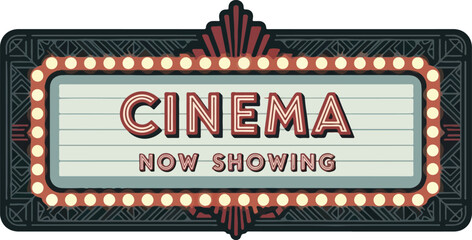 Vintage cinema marquee sign with bright lights and classic design now showing iconic movie title © Jakmania