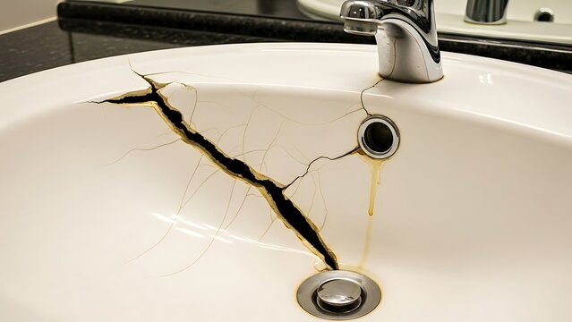 Cracked Bathroom Sink with Faucet and Drain.