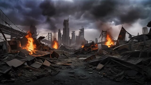 Post apocalyptic city ruins with burning wreckage dark stormy sky and destroyed buildings in dystopian landscape