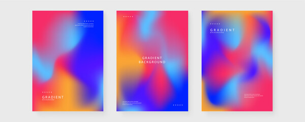Three vertical posters featuring a bold tri-tone color scheme of blue red and orange in fluid gradient shapes