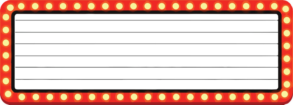 A bright marquee sign with red border and yellow lights is seen in a close-up view against a transparent background