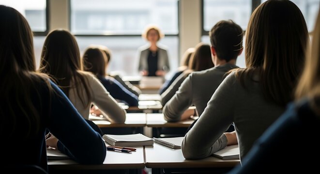 Students Listening to Teacher in Classroom Setting.