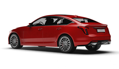 A photorealistic 3D render of a sleek modern red sedan car in rear left quarter view isolated on...