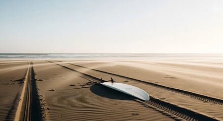 A serene landscape of a lone boat on the sand and another on the sea at sunrise with golden clouds reflecting on the ocean water along the horizon