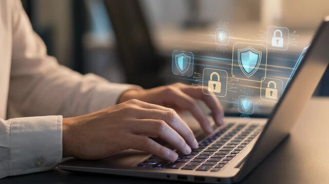Person typing on laptop with digital security icons representing online data protection and cyber safety