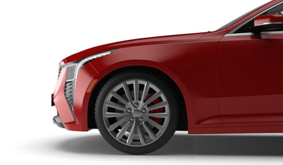 Photorealistic 3D render of a sleek modern red sedan car in front left quarter view isolated on transparent background