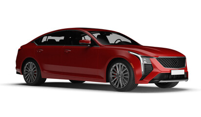 Photorealistic 3D render of a sleek modern red sedan car in front right quarter view isolated on...