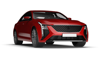 Photorealistic 3D render of a sleek modern red sedan car in front right quarter view isolated on...