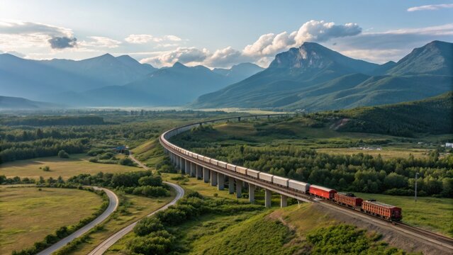 freight train moving through mountains, long cargo line, scenic landscape