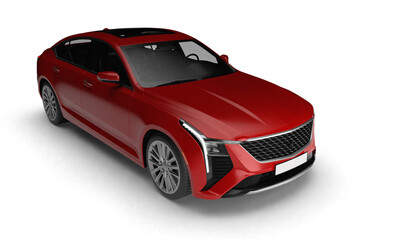 Photorealistic 3D render of a sleek modern red sedan car in front right quarter view isolated on transparent background, featuring sharp headlights, aggressive grille, aerodynamic lines, premium metal