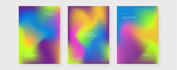Fototapeta premium A versatile collection of three poster layouts featuring colorful neon mesh gradients with bright blue green pink and yellow hues