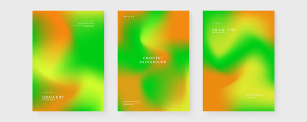 Obraz premium Set of three abstract posters featuring liquid mesh gradients in lime green and bright orange hues with minimalist typography