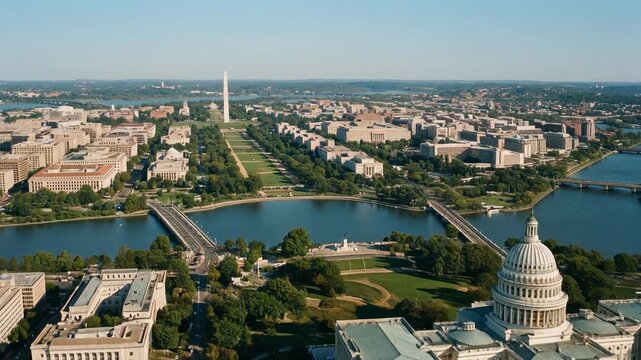 Aerial view of Washington DC with US Capitol, National Mall, and Washington Monument on a sunny day