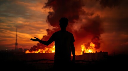 Fototapeta premium Silhouetted figure gazing at a burning landscape