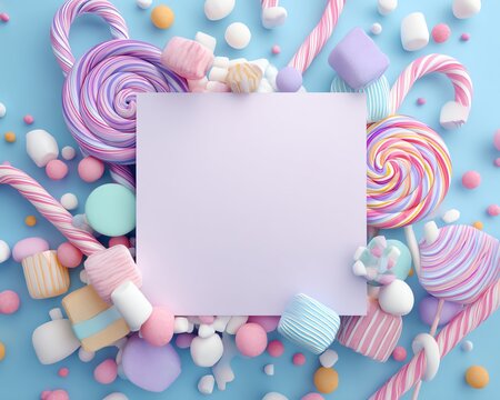 3D candyland theme with lollipops, candy canes, and marshmallows in pastel tones, centered blank space, festive background
