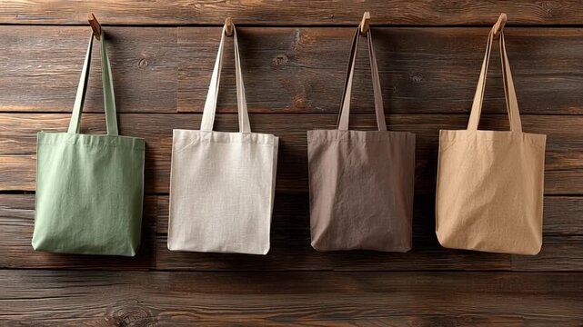 Reusable Canvas Tote Bags Hanging on Wooden Wall.