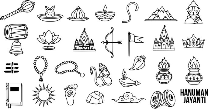Hanuman Jayanti Hindu Festival Icons Set. Black and White Line Art Glyphs of Religious Symbols, Worship Elements, and Indian Culture.