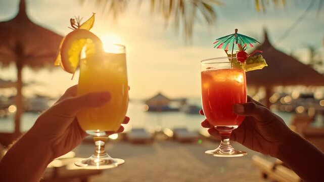 Couple clinking tropical cocktail glasses under sun umbrella