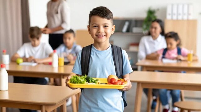 Happy schoolboy holding healthy lunch tray in busy cafeteria