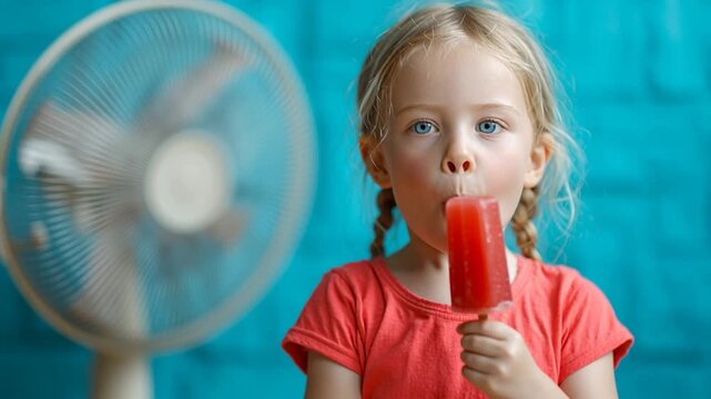 Child holding popsicle in front of fan, smiling in summer