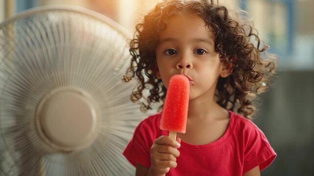 Child holding popsicle in front of fan, smiling in summer
