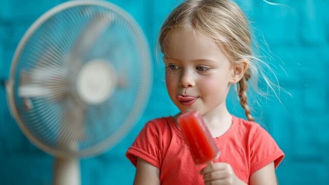 Child holding popsicle in front of fan, smiling in summer