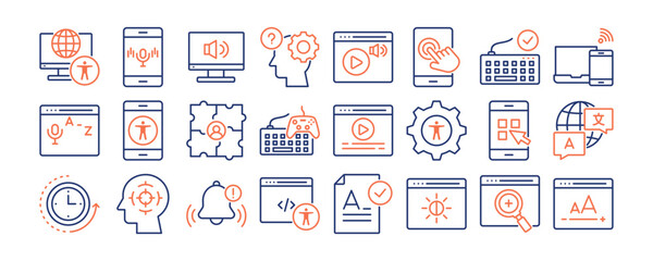 Digital Accessibility icon collection. Containing design Accessible Website, Voice Navigation, Screen Reader, Cognitive Support, Touch Navigation, Audio Description