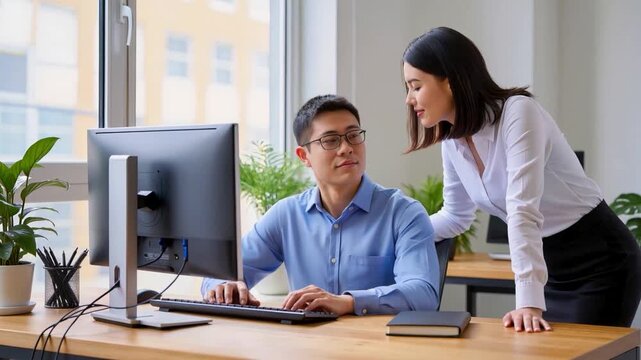 Professional business colleagues collaborate in a modern office using project management software with colorful gantt charts on a large monitor screen
