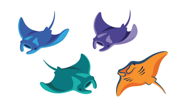 Vibrant Manta Rays Vector Set. Flat Design Ocean Creatures Collection.