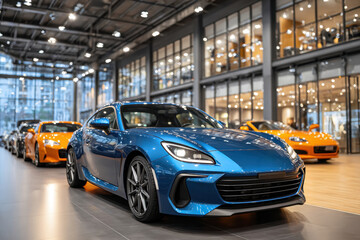 Beautiful modern cars on display at local dealership salon. Automobiles for sale, copy space. Viewing a range of new cars in a car showroom