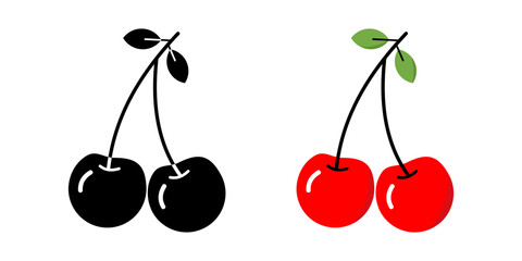 Collection of cherry fruit icons in silhouette and color design. Simple design isolated on a white background.