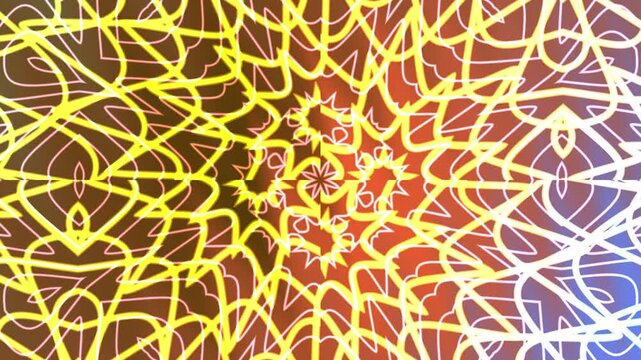 Golden abstract floral kaleidoscope overlay pattern with blurred red and blue, suitable for wedding invitations, backgrounds, textiles, and stationery designs.