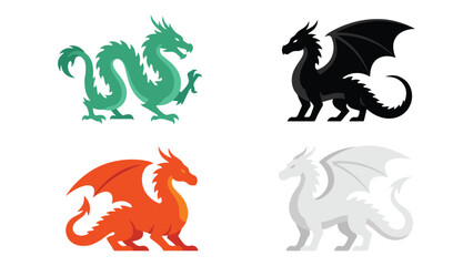 Naklejka premium Fantasy Dragon Vector Art Set: Mythical Creatures in Green, Black, Orange, White Illustrations