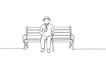 Line drawing of an elderly man sitting on a park bench holding an ice cream cone, isolated on a transparent background