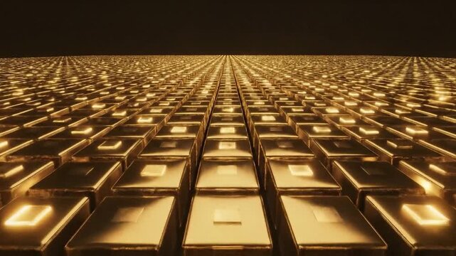 Infinite grid of golden, glowing rectangular blocks receding into a bright light source