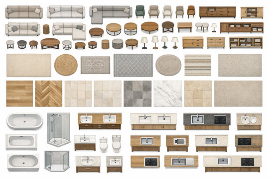 Top-down 2D interior asset set featuring kitchen base units, countertops, cabinets, islands, and stovetops for layouts