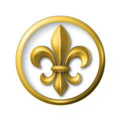 Vector 3d Golden Fleur De Lis Symbol in Round Frame, Isolated. Elegant Royal Emblem. Classic French Heraldic Icon. Luxury Fleur De Lis Sign. Logo Design, Badge, Noble Decoration, Vintage Ornament © gomolach