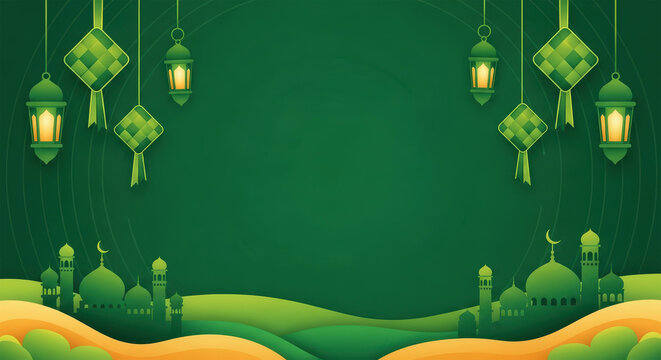 Green Ramadan Background with Ketupat, Lanterns, and Mosques