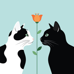 A black cat and a piebald cat in a minimalist illustration facing each other over a single orange flower. © Alisya Design