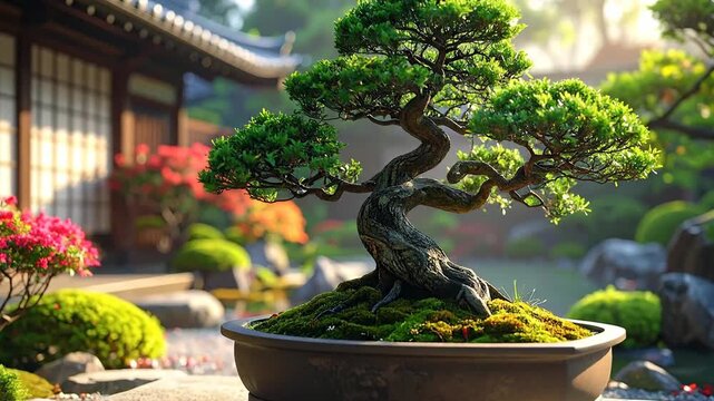 Serene bonsai tree in a pot, set against a traditional Japanese garden backdrop.