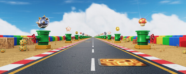 Video Game kart world racing background with Power Up   3D illustration © amolyus