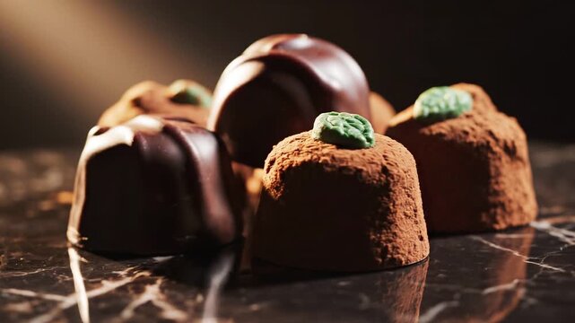 Luxury chocolate mint truffles displayed on marble surface with chocolate coating and decorations