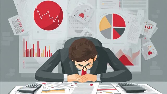 Stressed Businessman Overwhelmed with Financial Data.